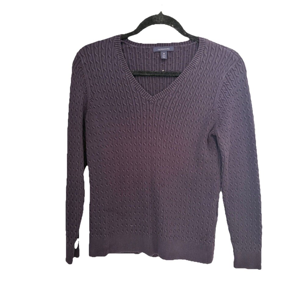 Lands End Cable Knit Fitted Vneck Supima Cotton Sweater